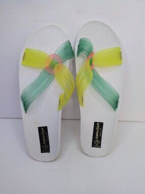 VTG 80s Women's Sandals White/Multi Color Jelly Straps Hard Rubber Size 9 Retro